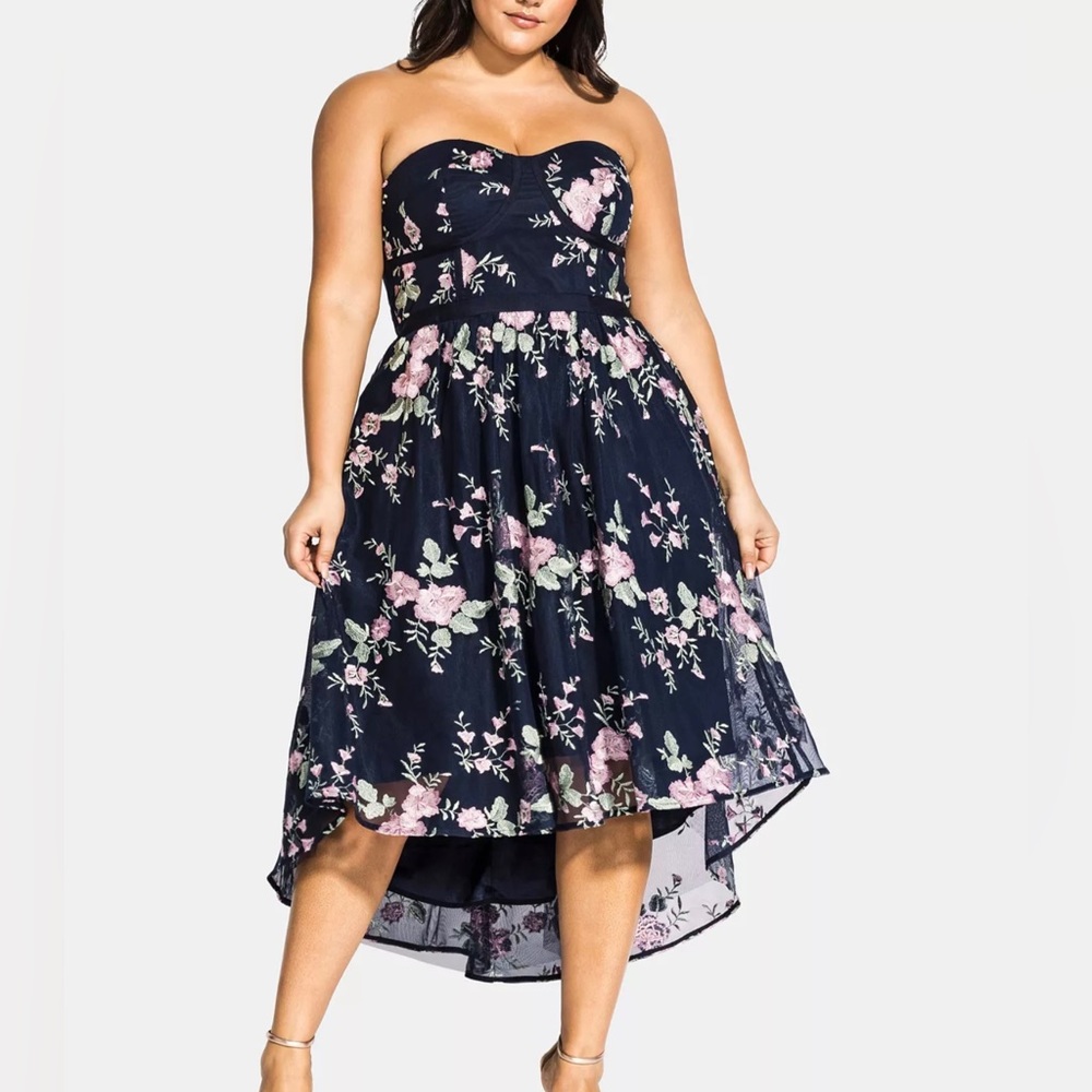 City Chic Navy Blue High Low Dress with Floral Embroidery